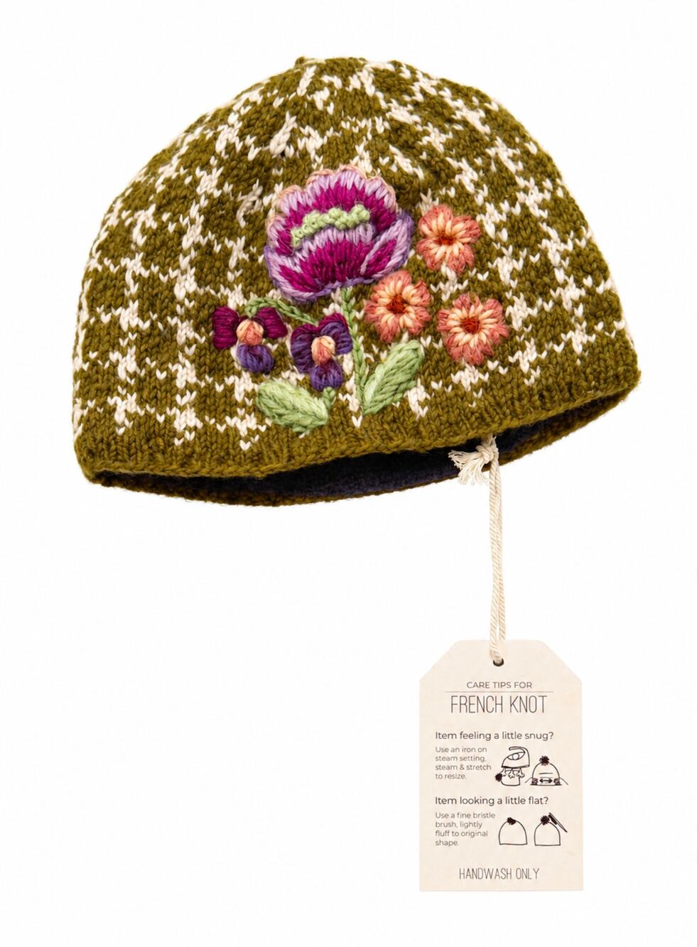 NWT French Knot Hand Knitted Georgia Plaid Hat Green Floral